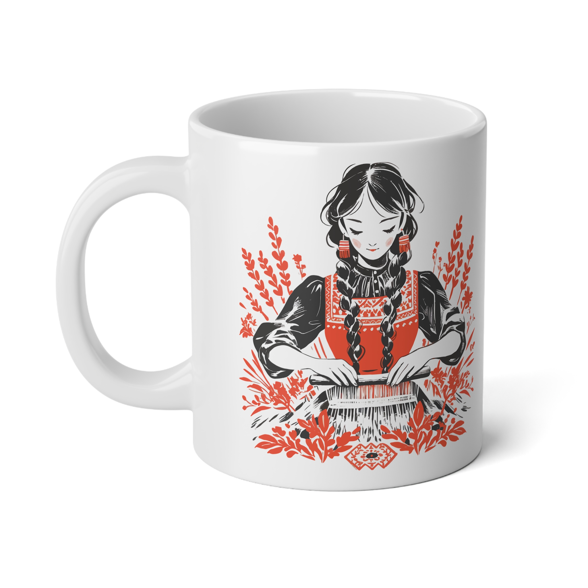 cană românească cu artă tradițională reinterpretată, ilustrație folclorică feminină