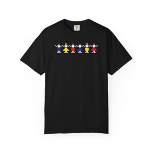 tricou negru cu motiv Hora României stil pixel art, simbol tradițional românesc