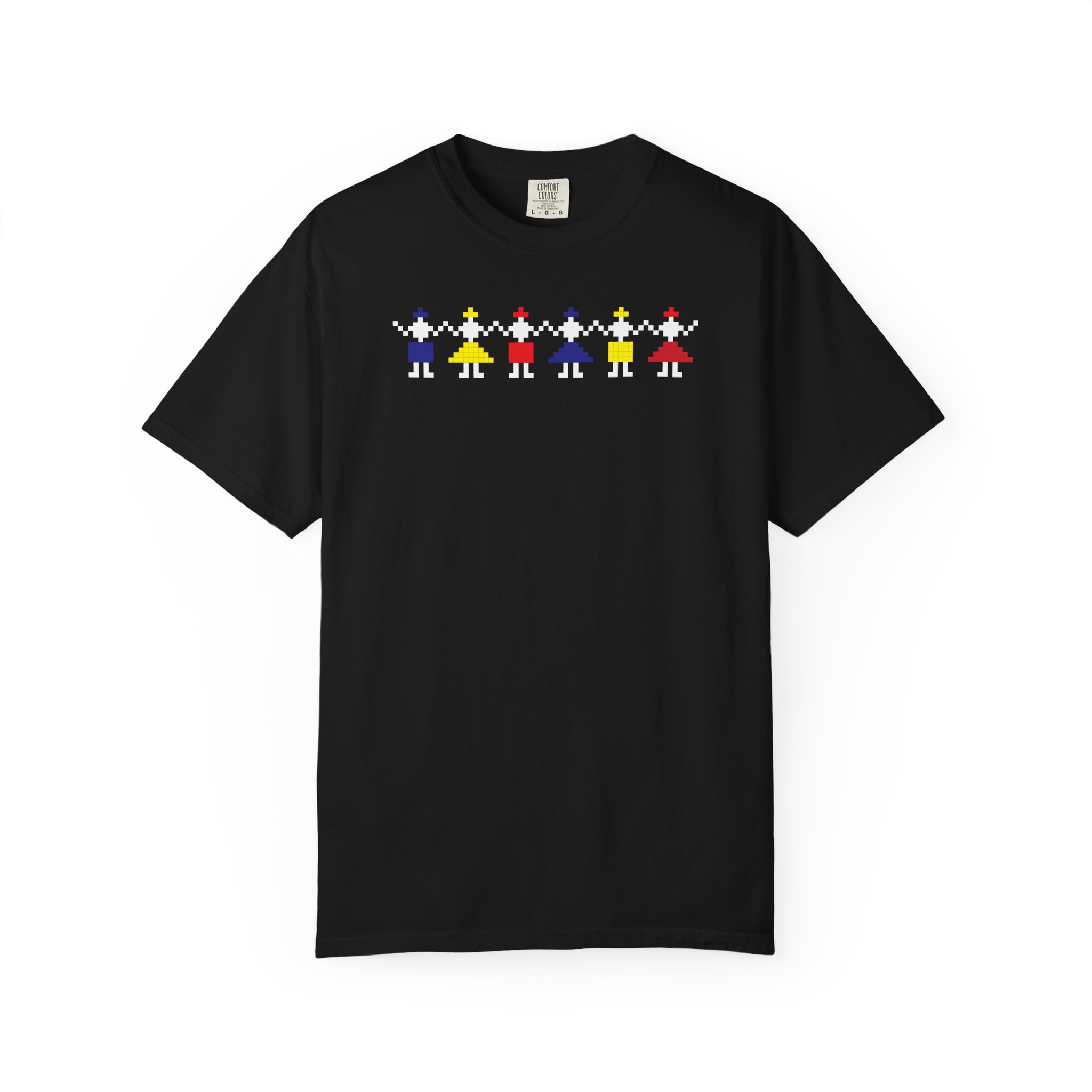 tricou negru cu motiv Hora României stil pixel art, simbol tradițional românesc