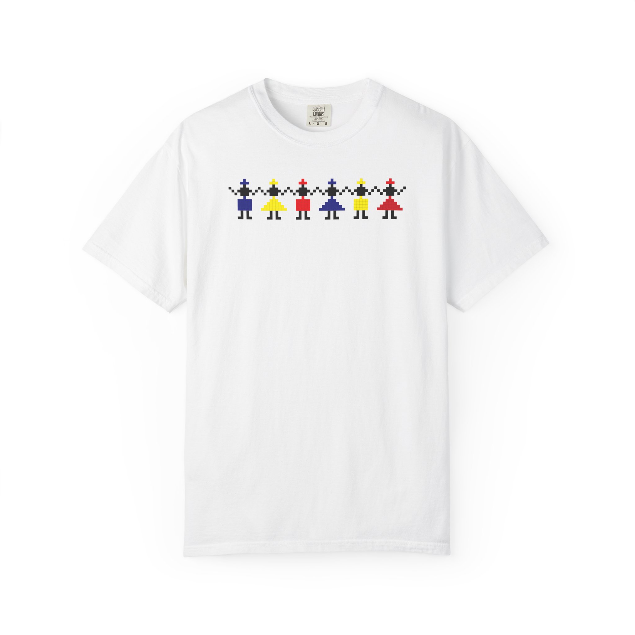 tricou alb cu motiv Hora României stil pixel art, simbol tradițional românesc