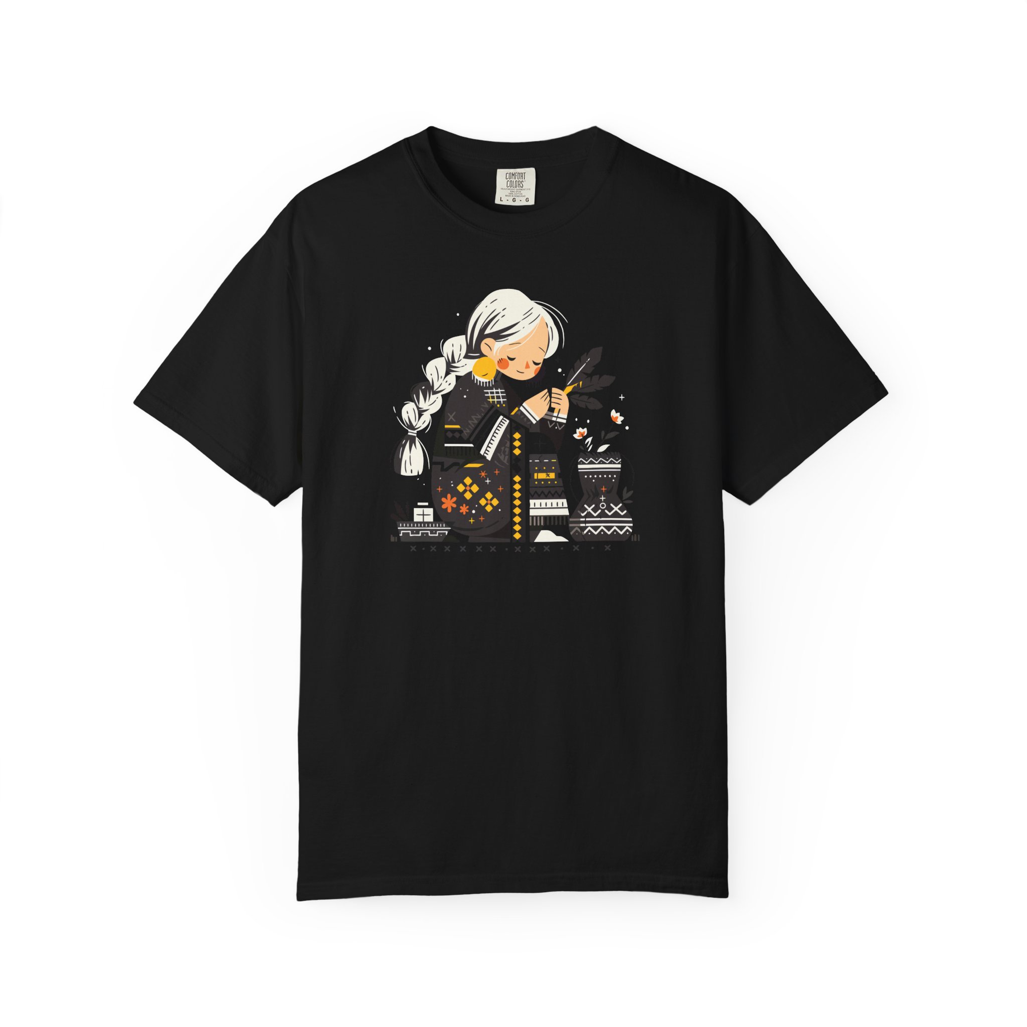 tricou negru cu domniță în stil folcloric românesc, ilustrație tradițională minimalistă