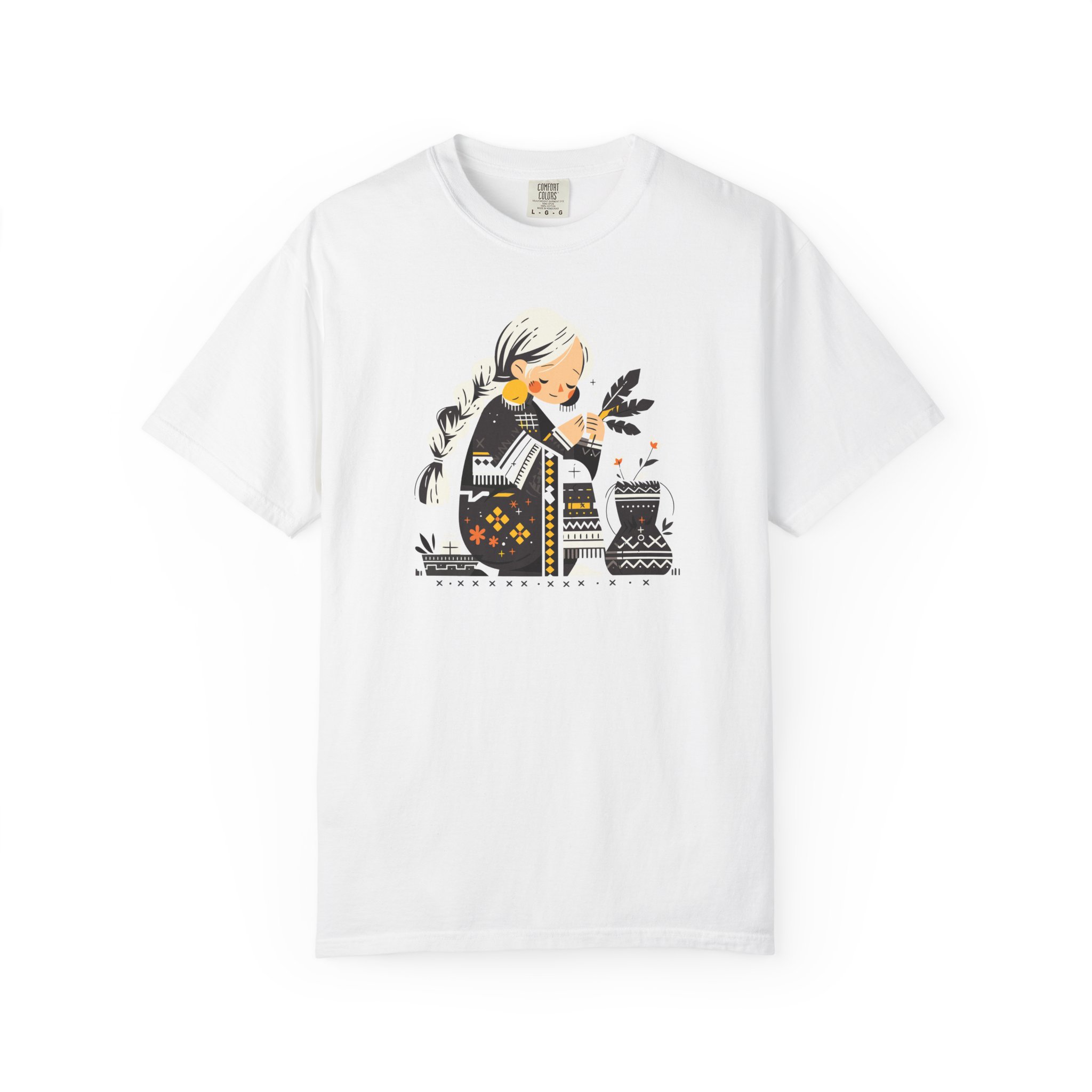 tricou alb cu domniță în stil folcloric românesc, ilustrație tradițională minimalistă