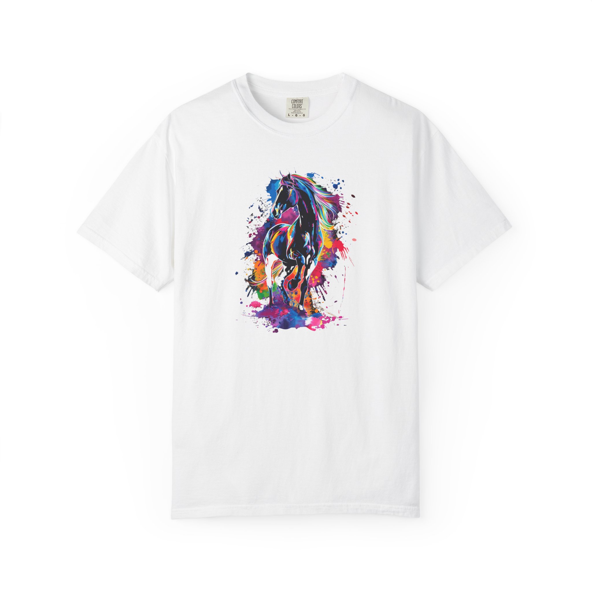 Tricou cu cal colorat artistic – bumbac 100% alb sau negru, pentru copii și adulți