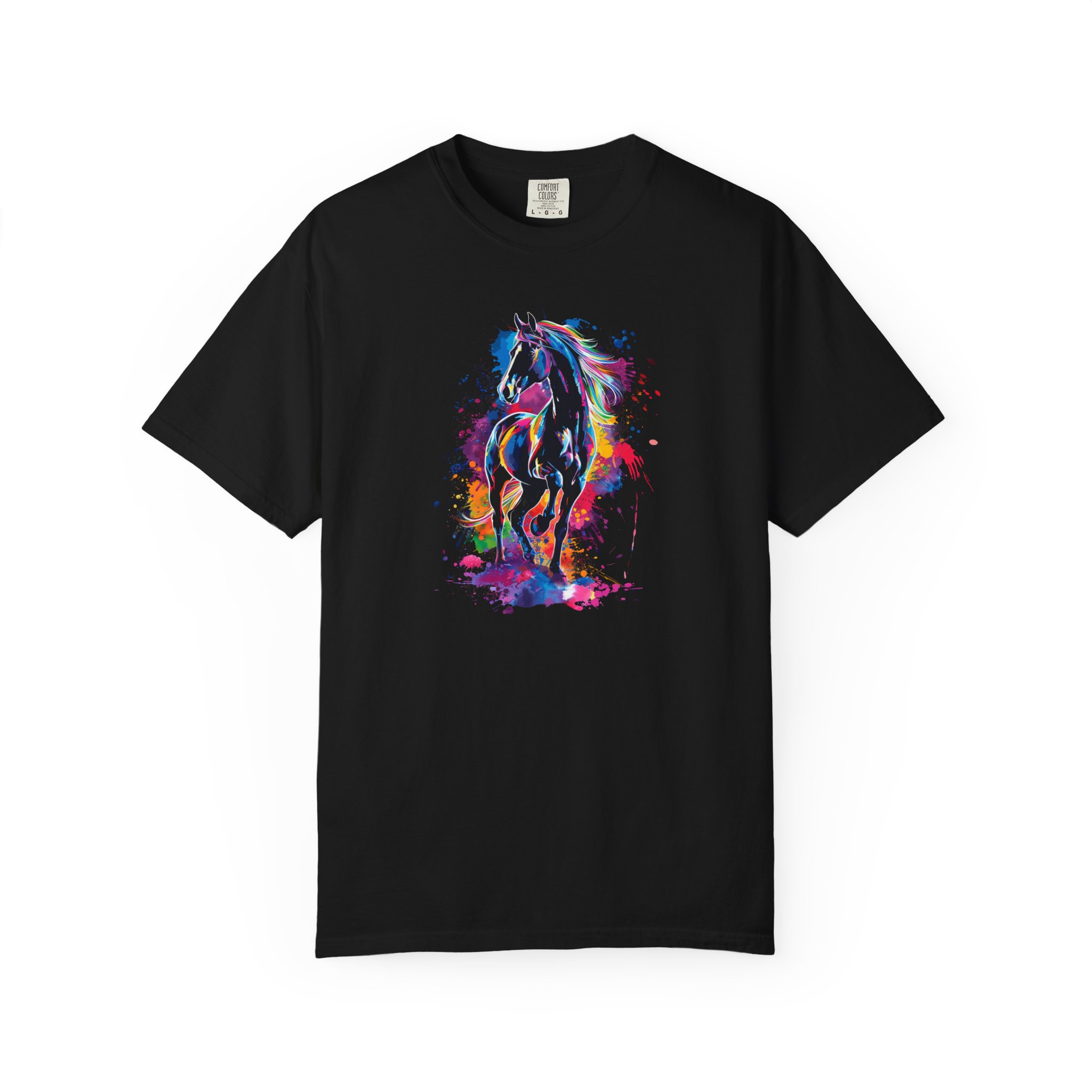 Tricou negru cu cal colorat artistic, din bumbac 100%, pentru copii și adulți