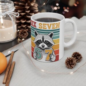 Cană personalizată cu raton și mesaj Six Seven, design retro colorat