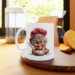 Cană personalizată cu grafică Bunica face prajituri, simbol al iubirii pentru familie