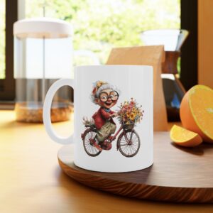 Cană personalizată cu grafică bunica merge pe bicicletă, cadou emoțional pentru bunica