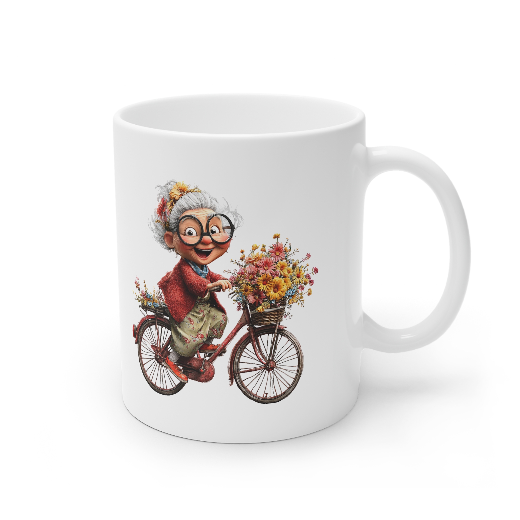Cană personalizată cu grafică bunica merge pe bicicletă, cadou emoțional pentru bunica