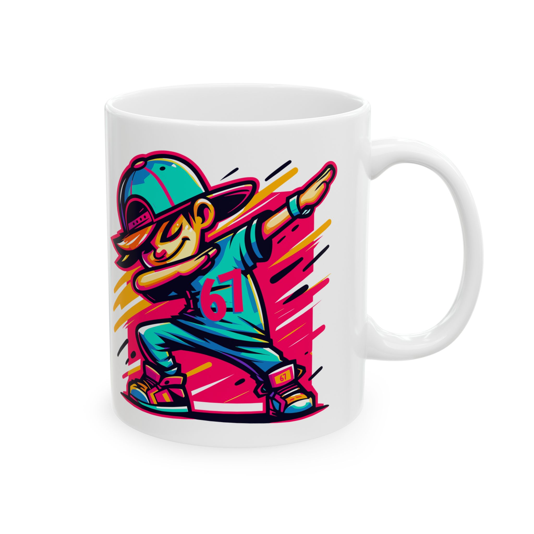 Cană 67 cu grafică urbană colorată și personaj cartoon cool
