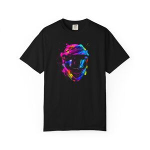 Tricou negru cu cască de motociclist colorată, din bumbac 100%, pentru copii și adulți