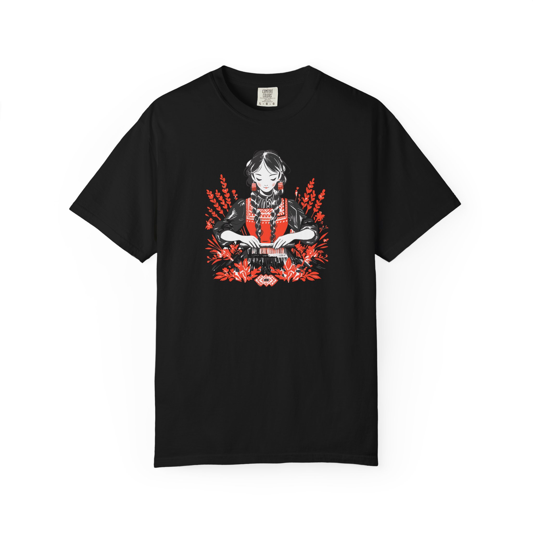 tricou negru cu motiv Domnisorita stil pixel art, simbol tradițional românesc