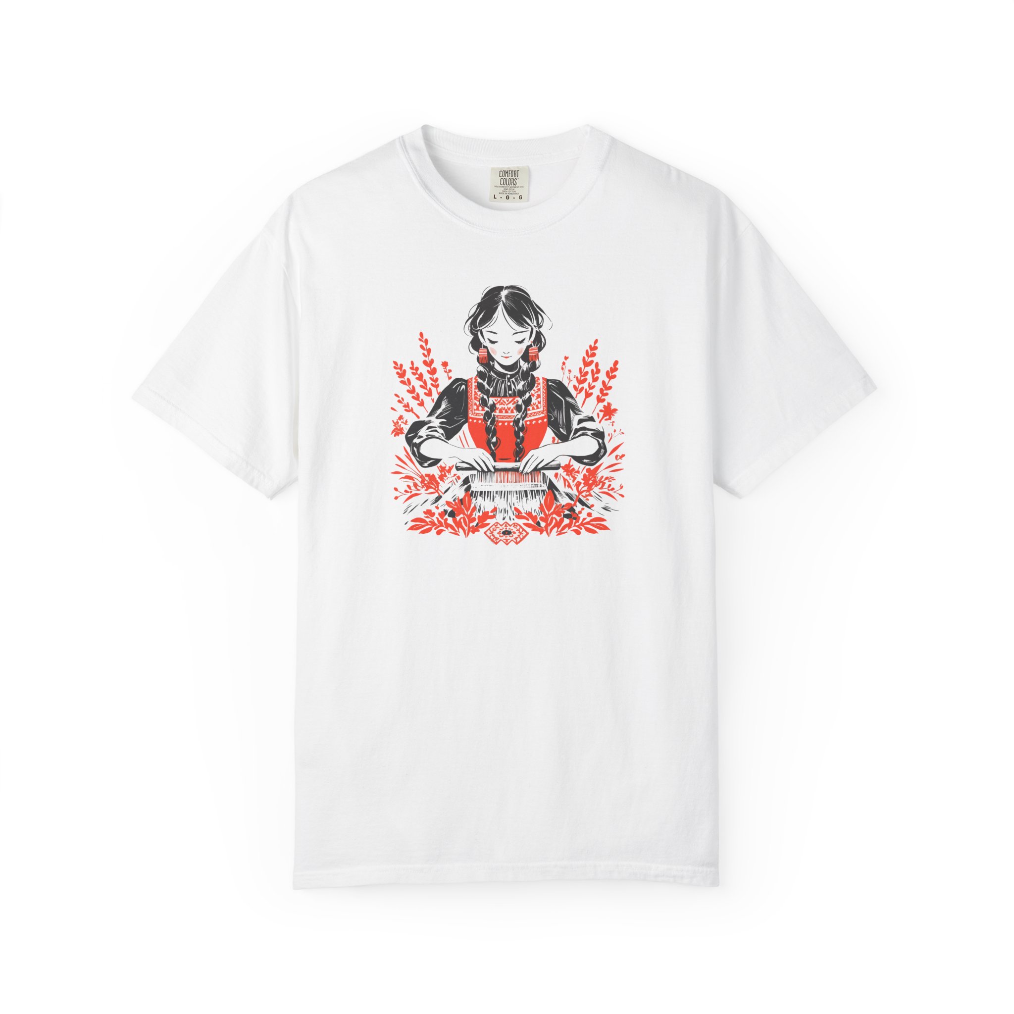 tricou alb cu motiv Domnisorita stil pixel art, simbol tradițional românesc