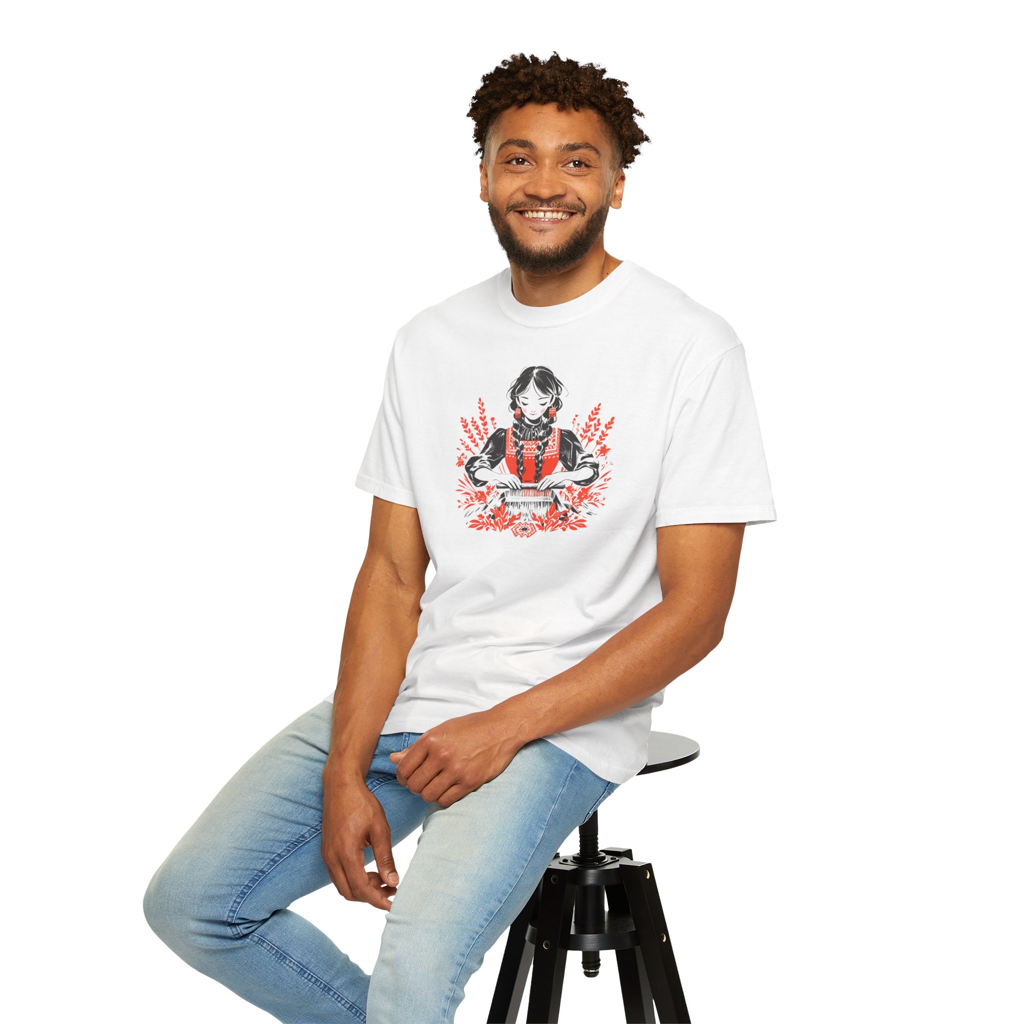 tricou alb cu motiv Domnisorita stil pixel art, simbol tradițional românesc