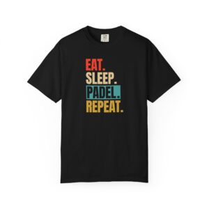 Tricou negru Eat Sleep Padel Repeat cu design sport pentru pasionații de padel