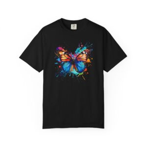 Tricou negru cu fluture colorat artistic, din bumbac 100%, pentru copii și adulți