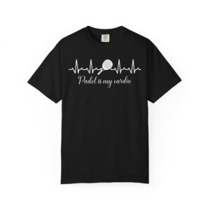 Tricou NEGRU personalizat cu grafică padel „Padel is my cardio”, linie puls și paletă de padel