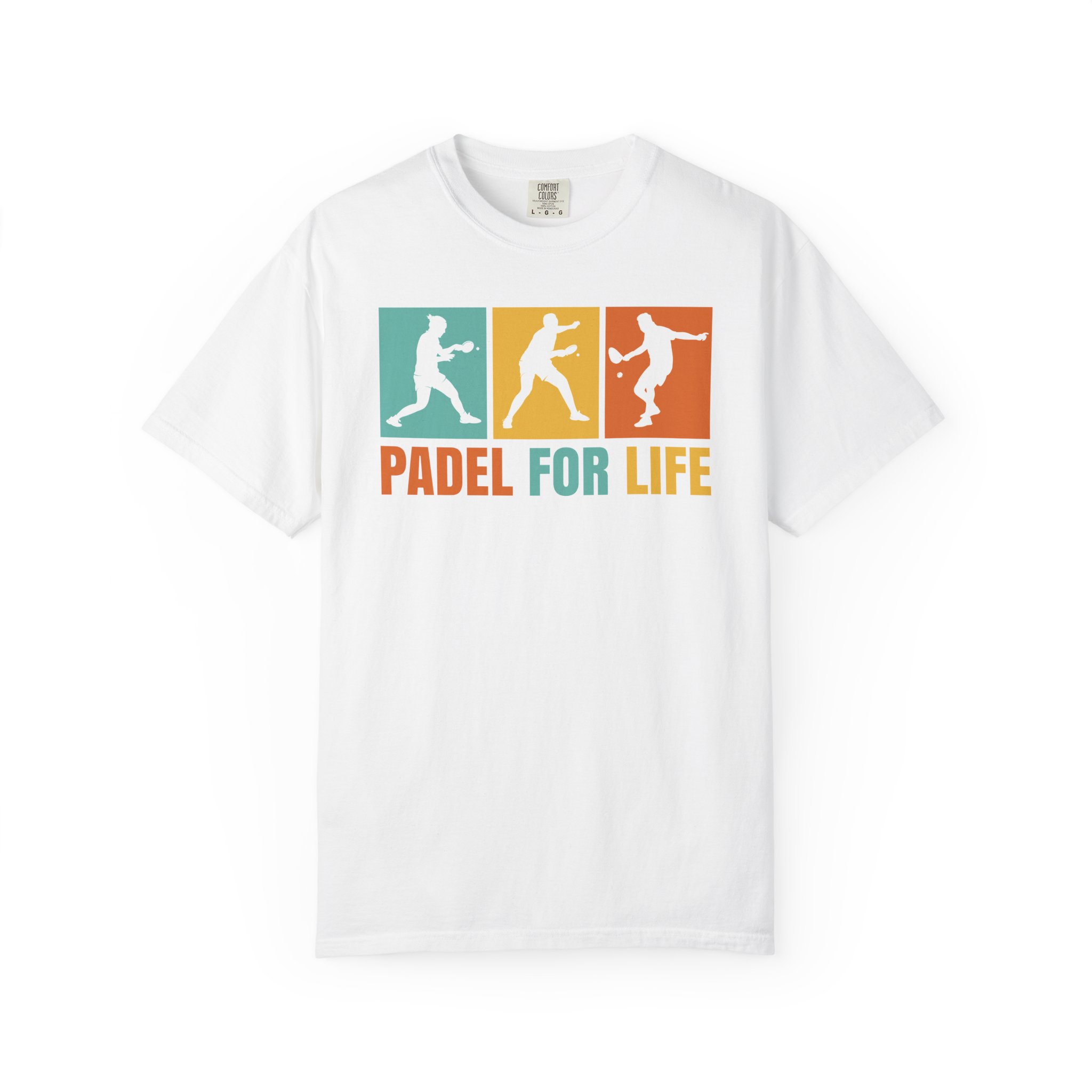 Tricou personalizat „Padel for Life” disponibil pe alb și alb, design sport padel modern