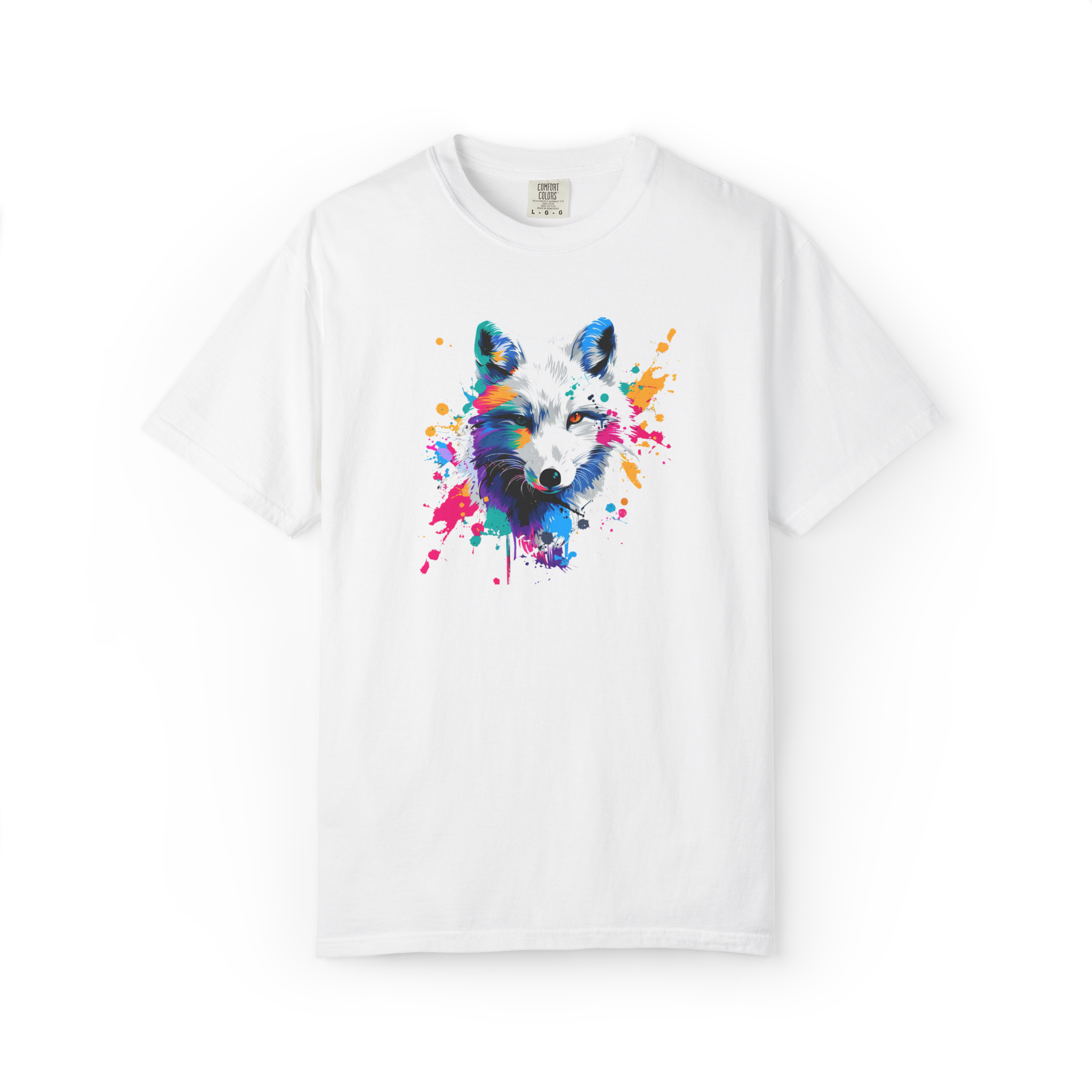 Tricou alb cu câine Husky colorat artistic, din bumbac 100%, pentru copii și adulți
