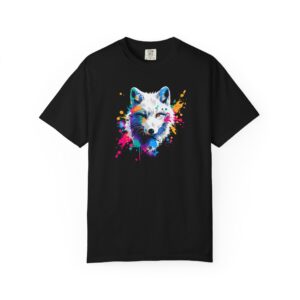 Tricou cu câine Husky colorat artistic – bumbac 100% alb sau negru, pentru copii și adulți