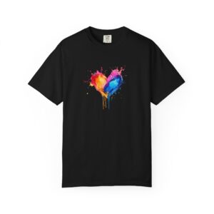 Tricou cu inimă colorată artistic – bumbac 100% negru, pentru copii și adulț