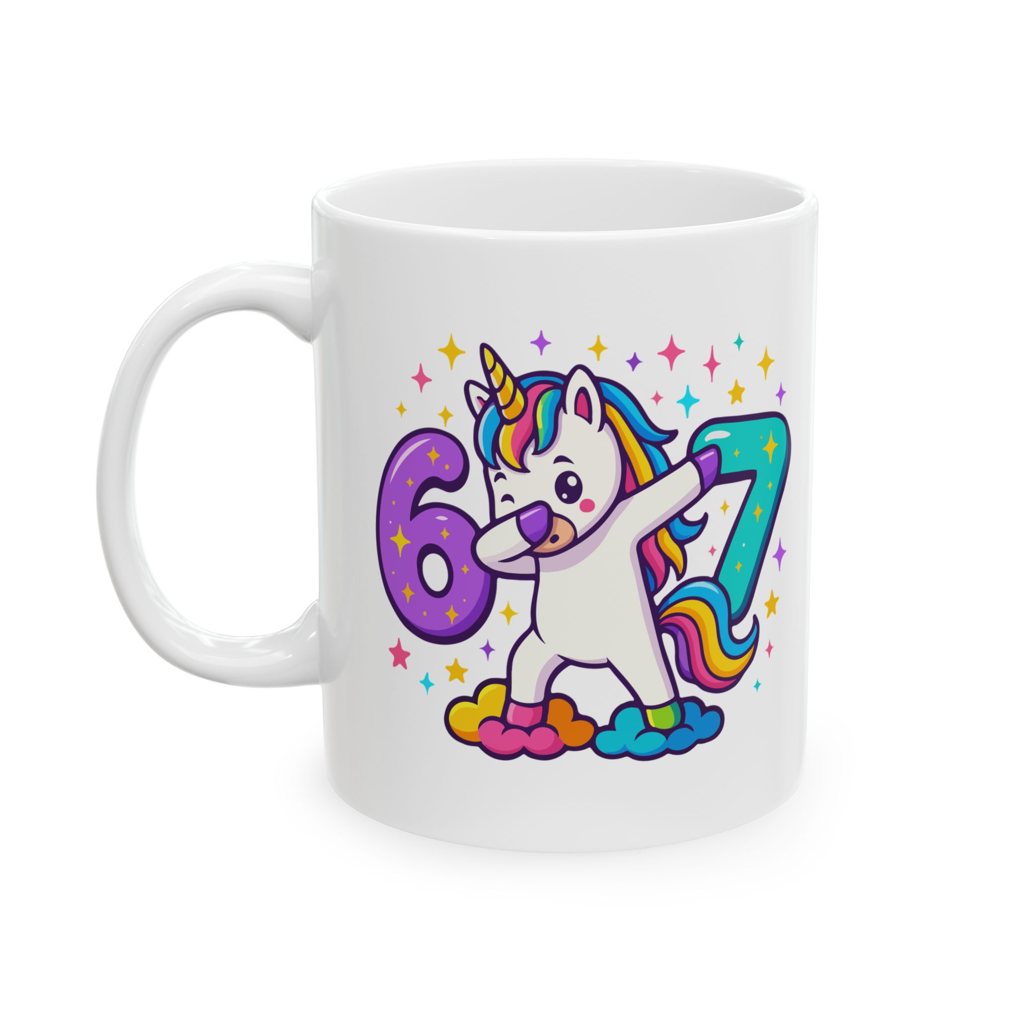 Cană ceramică cu grafică 67 six seven, design viral Gen Z