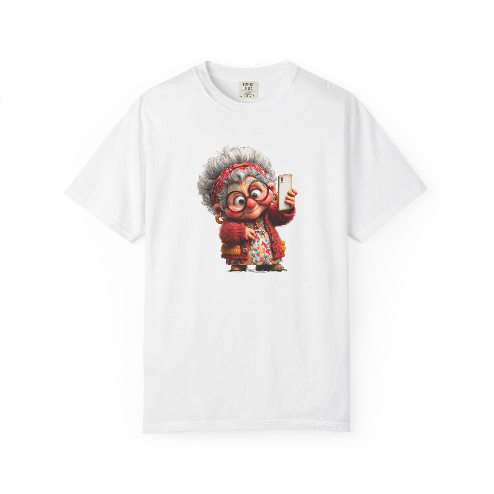 Tricou personalizat alb cu grafică bunica selfie, poză modernă, bunica cool, cadou amuzant și emoțional