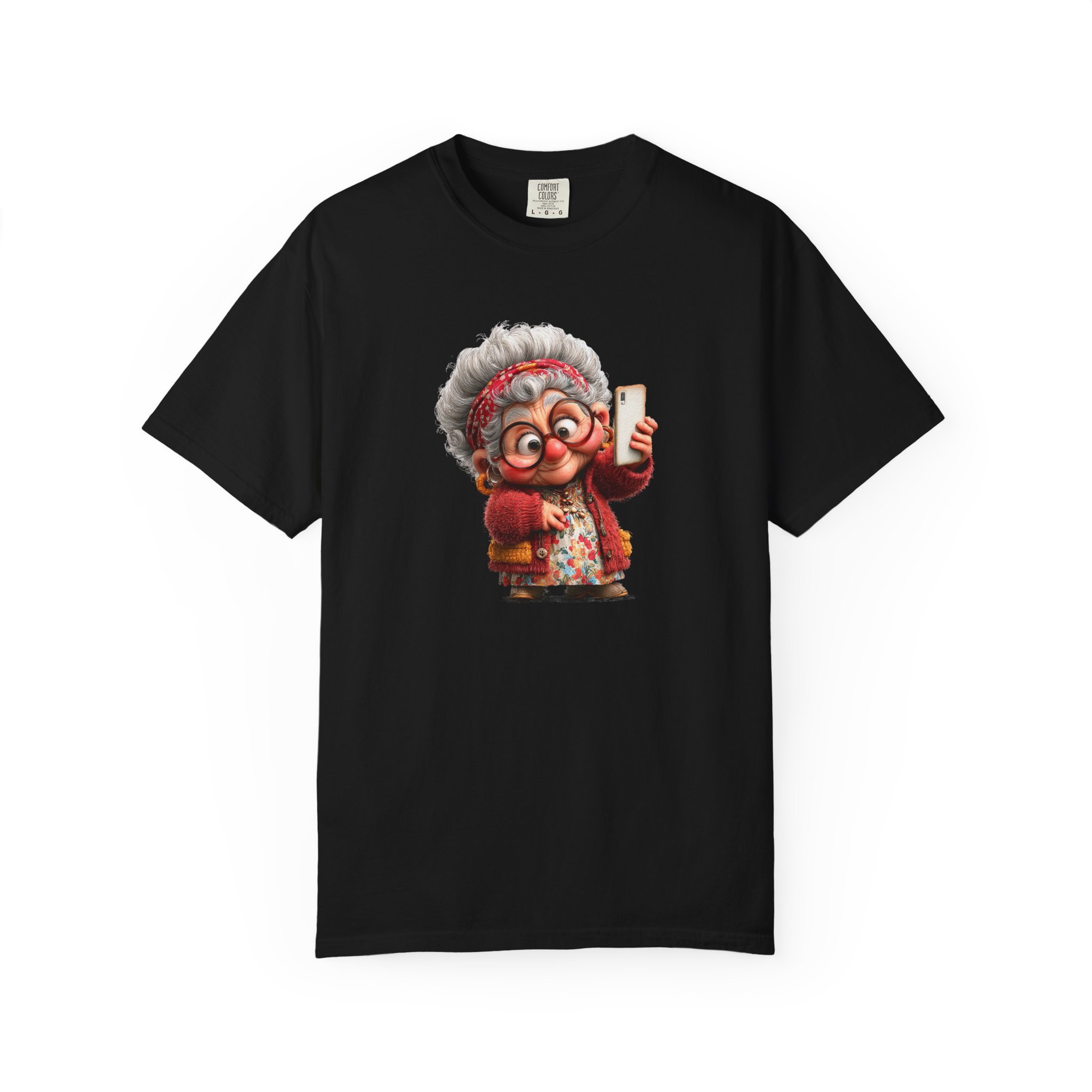 Tricou personalizat negru cu grafică bunica selfie, poză modernă, bunica cool, cadou amuzant și emoțional