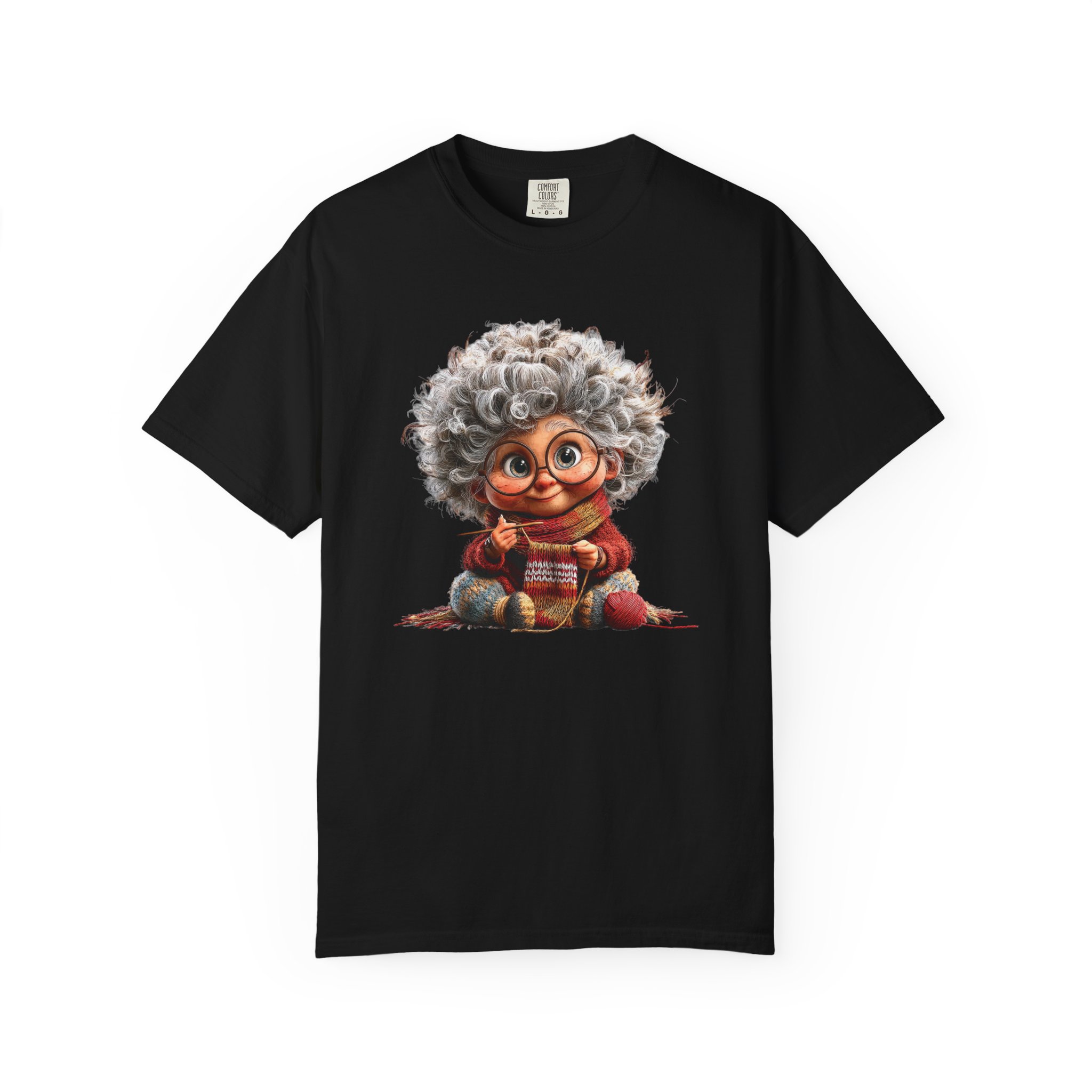 Tricou negru cu grafică bunică care croșetează, simbol al familiei și iubirii pentru bunici