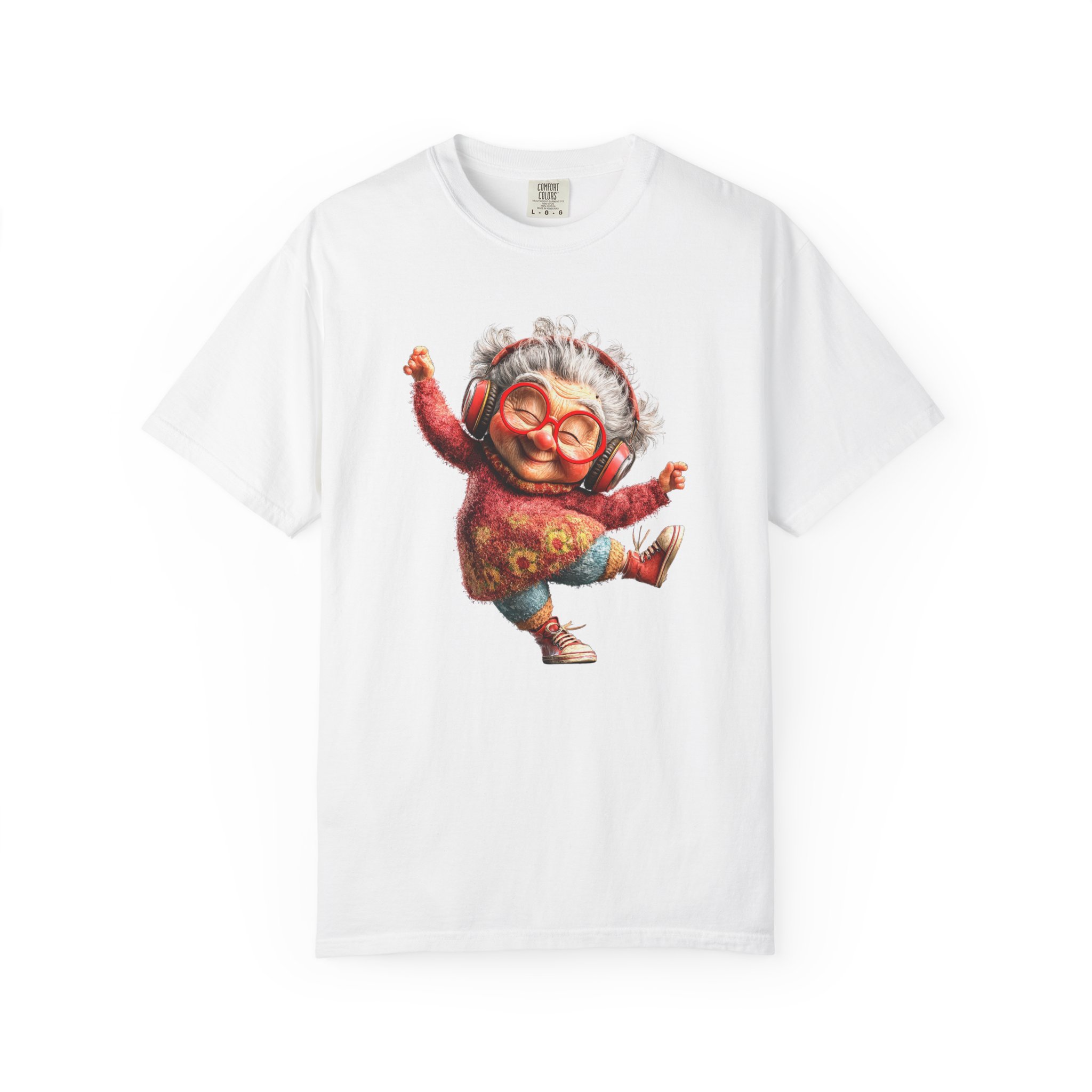 Bunică dansatoare cu căști și ochelari roșii, ilustrație veselă pentru tricou personalizat