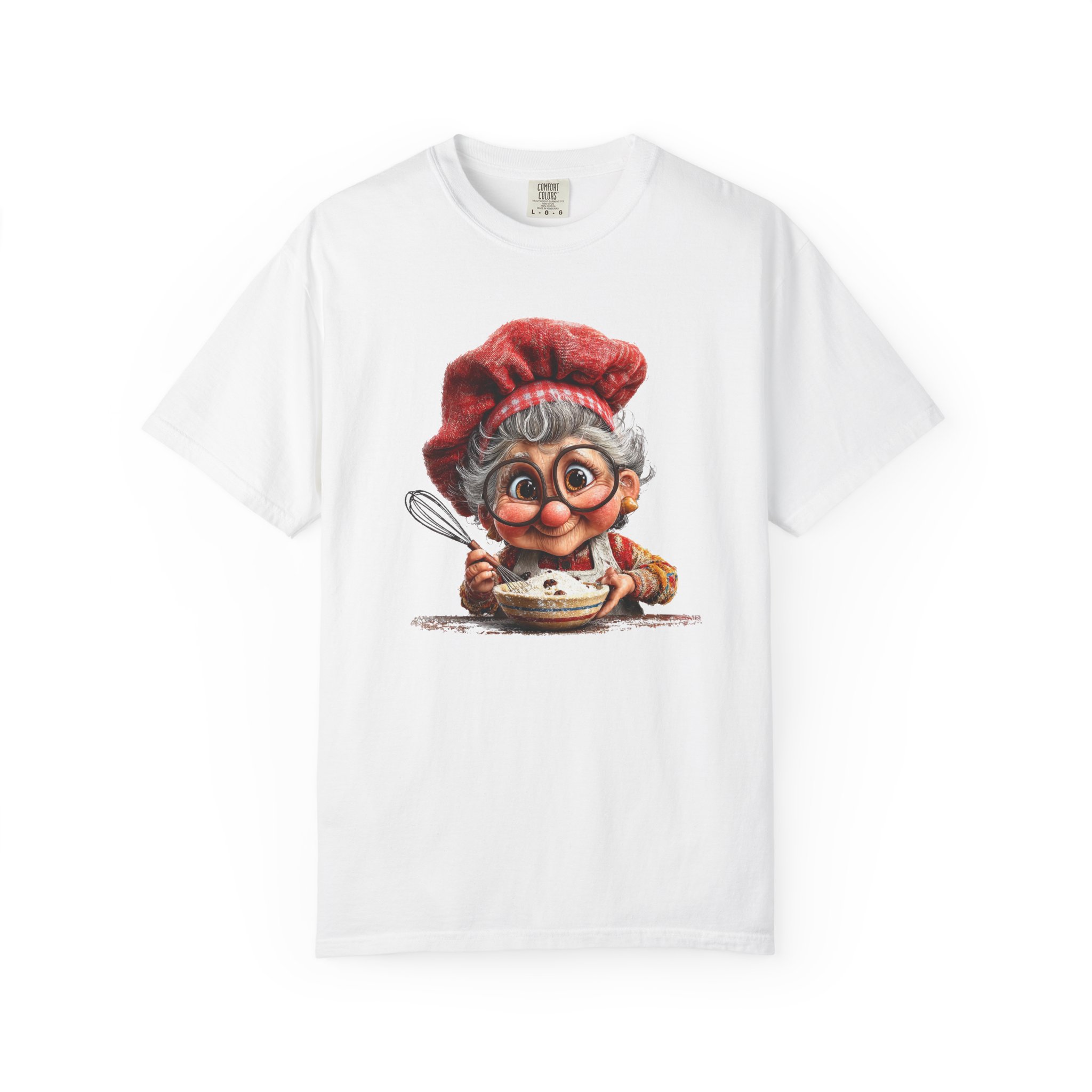 Tricou alb cu grafică Bunica face prajituri, simbol al familiei și iubirii pentru bunici