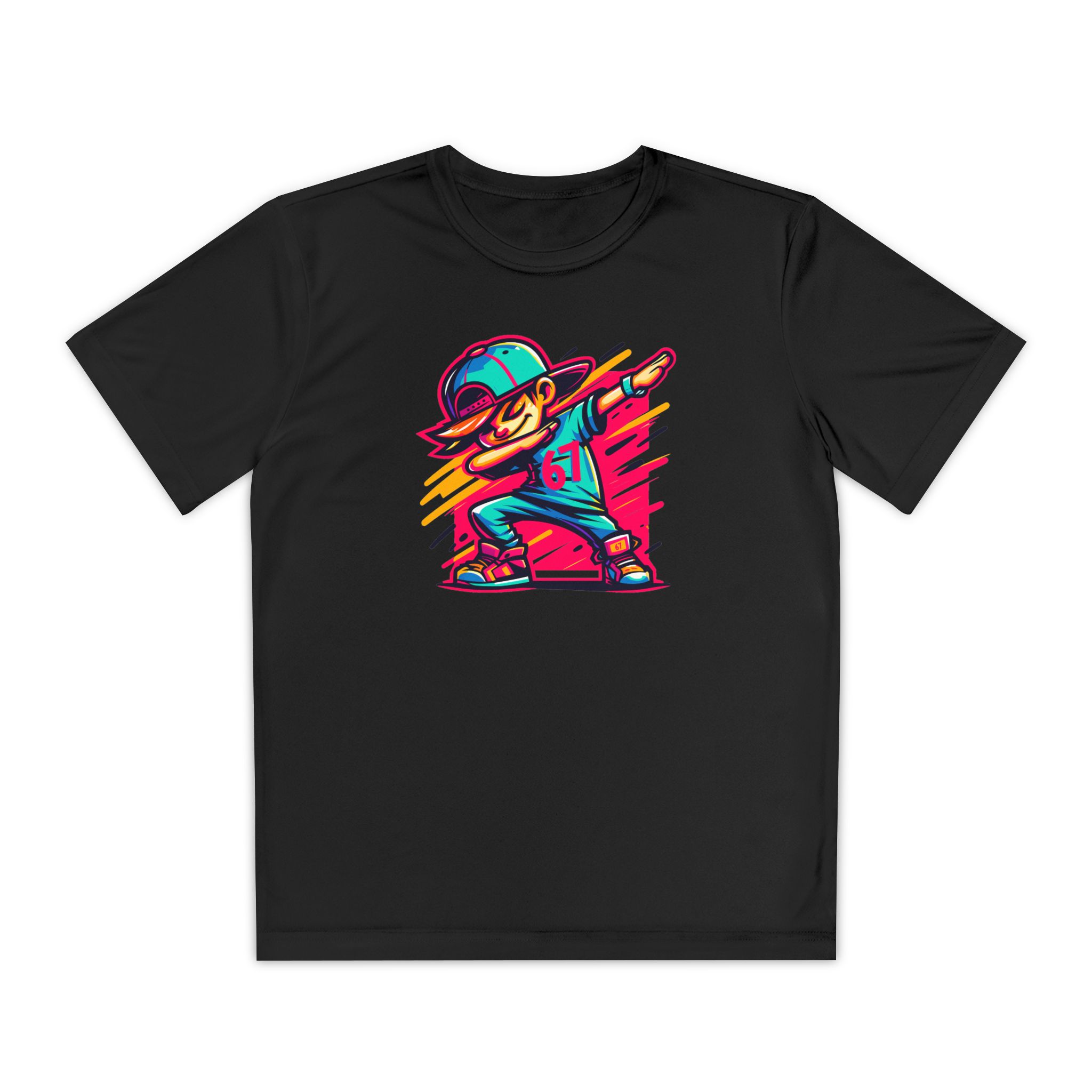 Tricou negru cu personaj cartoon street și simbol 67, design urban Gen Z