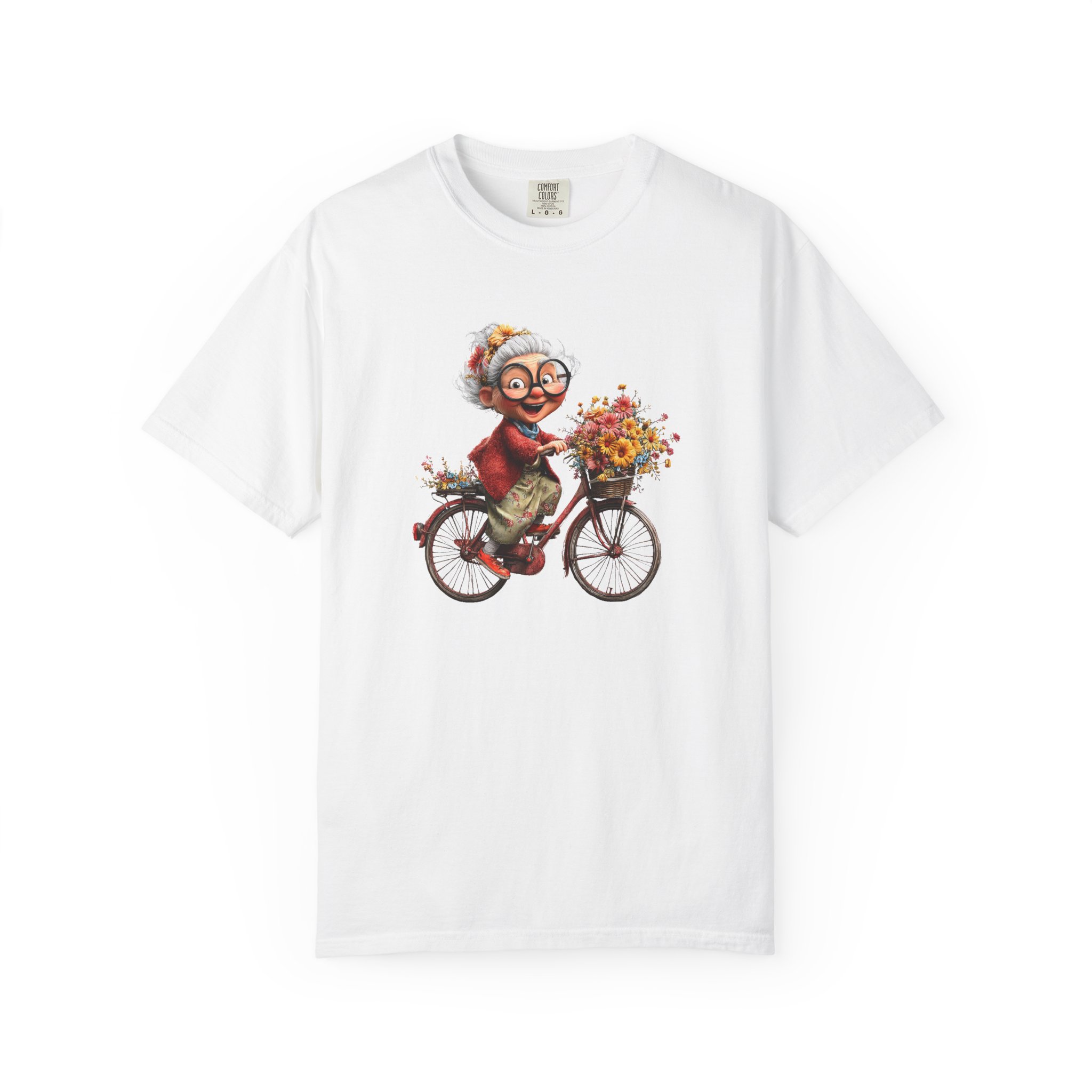 Tricou personalizat alb cu grafică bunica merge pe bicicletă, design vesel și emoțional, cadou pentru bunici