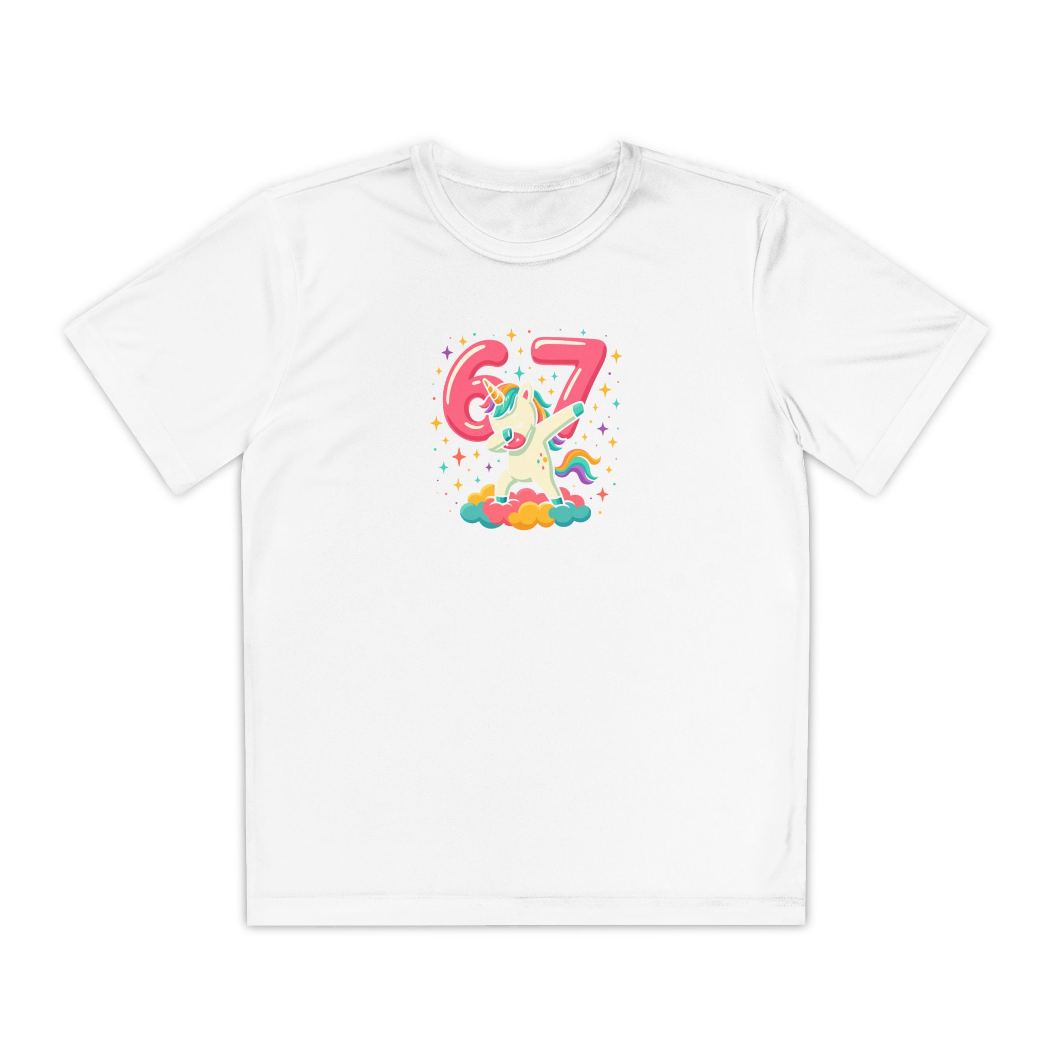 Tricou copii cu grafică 67 six seven și unicorn, design viral colorat alb