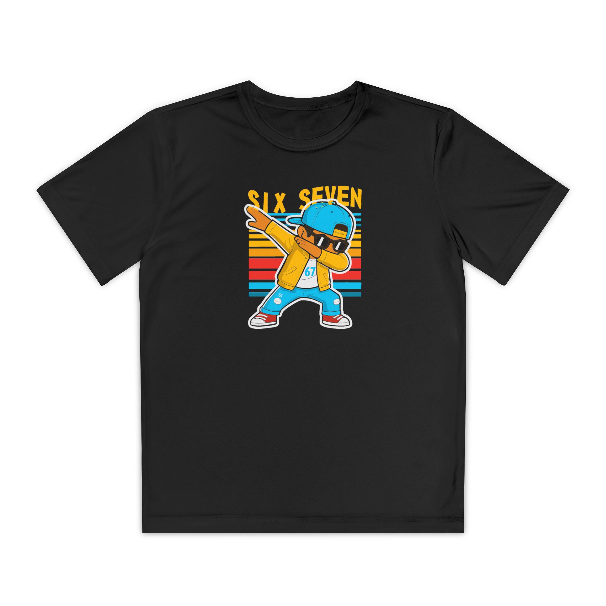 ricou negru cu băiat dab cool și text Six Seven 67, design urban negru