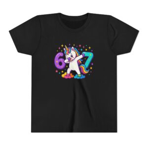 Tricou negru pentru copii cu unicorn dansator și cifra 67 six seven negru fetite