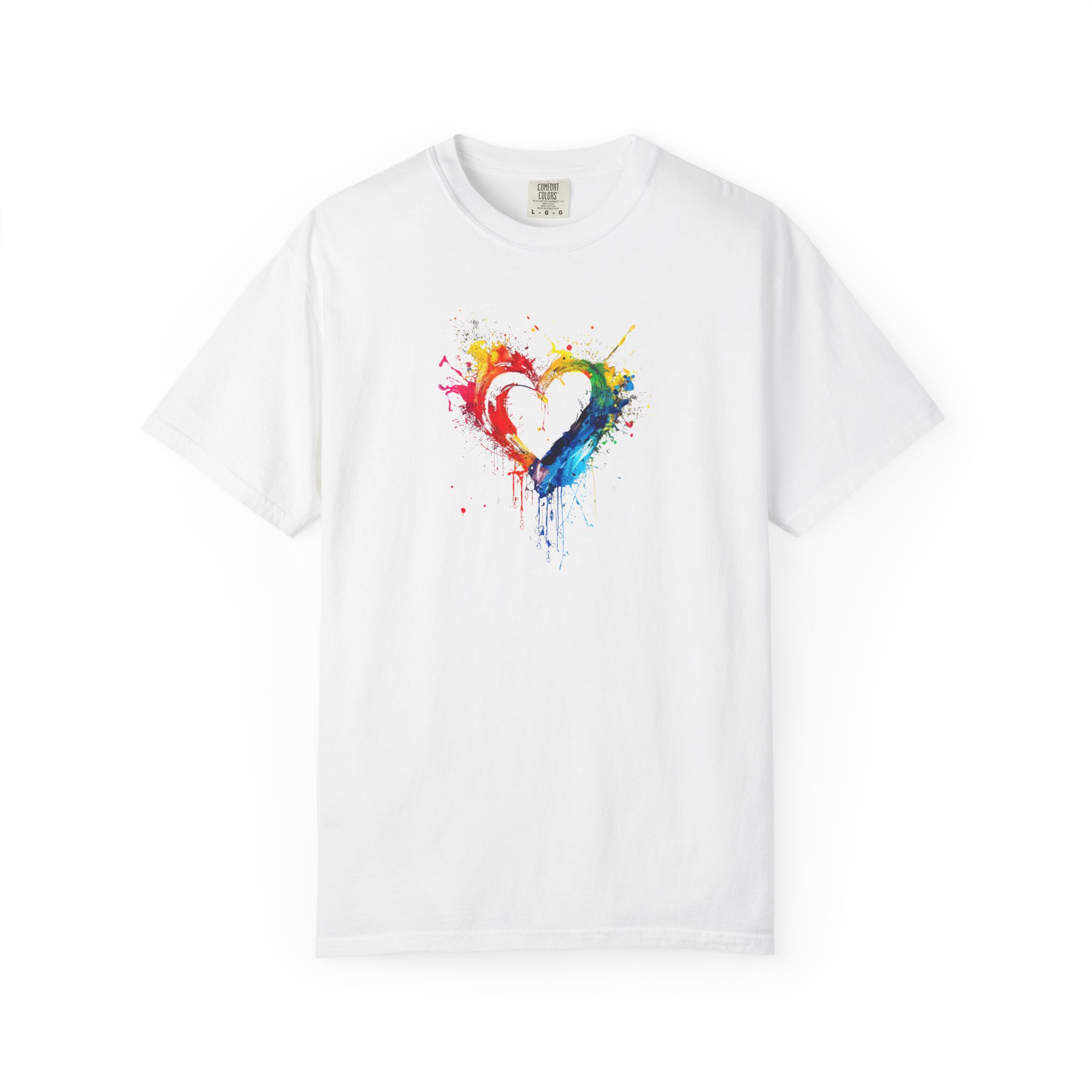 Tricou alb cu inimă pictură colorată, din bumbac 100%, pentru copii și adulți