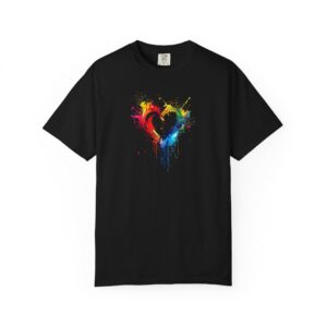 Tricou cu inimă pictură colorată – bumbac 100% negru, pentru copii și adulți
