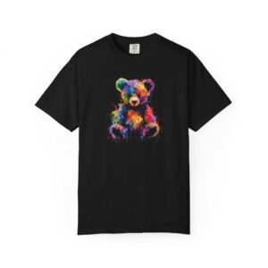 Tricou negru cu ursuleț colorat artistic, din bumbac 100%, pentru copii și adulți